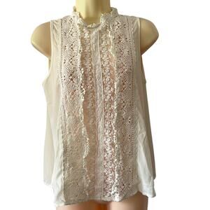 Haute Monde Size M Cream Sheer Crepe Lace Sleeveless Blouse Feminine Cottagecore